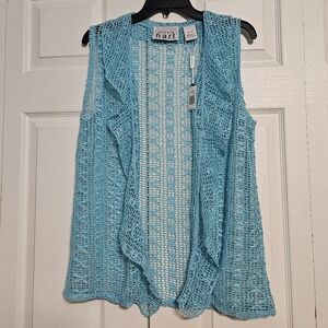 NWT Keren Hart Turquoise Ruffle Mesh Open Front Vest - Medium